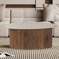 Table basse 'Louis' Bois de manguier avec Travertin Beige (90cm)