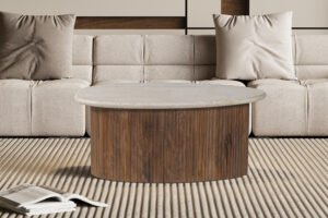 Table basse 'Louis' Bois de manguier avec Travertin Beige (90cm)