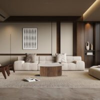 Table basse 'Louis' Bois de manguier avec Travertin Beige (90cm)