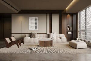 Table basse 'Louis' Bois de manguier avec Travertin Beige (90cm)