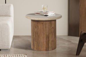 Table d'appoint 'Louis' Bois de manguier avec Travertin Beige (50cm)