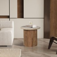 Table d'appoint 'Louis' Bois de manguier avec Travertin Beige (50cm)