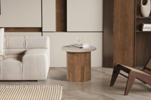 Table d'appoint 'Louis' Bois de manguier avec Travertin Beige (50cm)